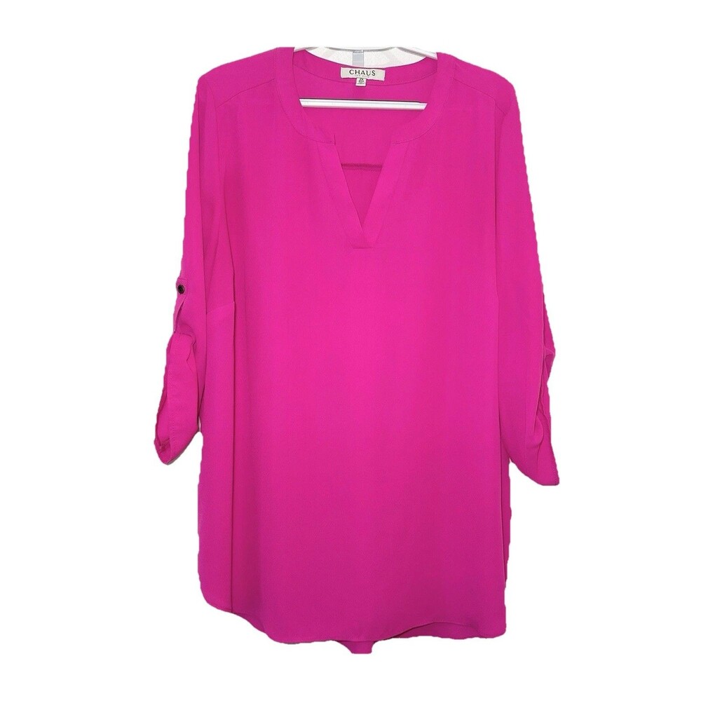 Chaus New York 2X Hot Pink Fuchsia Split Neck Roll Tab Tunic Blouse Plus